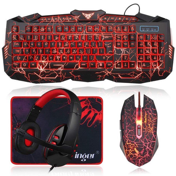 BlueFinger Gaming Keyboard Mouse Headset Combo,USB Wired Crack Backlit Keyboard,114