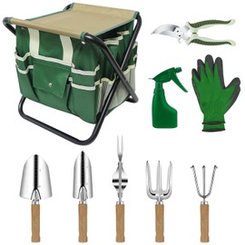 LeMotech Garden Tool Set,10 Pieces Heavy Duty Gardenting Tool Kit, Folding Stool with Detachable Tote Bag, Stainless Steel Tools (Trans-Planter,Trowel,Weeder etc.) for Women Men