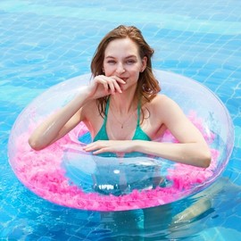 Transparent Feather Inflatable Swimming Ring (Sit-On Beach Tube) lf2501 Free Size/70cm Pink 15ea