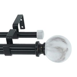 Meriville 1-Inch Diameter Double Window Treatment Curtain Rod, White Marble Ball Finial, 48-inch to 84-inch Adjustable, Black
