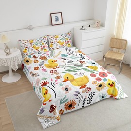 Erosebridal Kawaii Duck Full Bedding Comforter Sets for Boys,Mushroom Floral Quilt Cartoon Animal Comforter Set for Girls Kids Children,Watercolor Flowers Leaves Toddler Duvet Insert Cute Room Decor