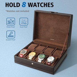 SANZIE 8-Slot Watch Box for Mens Watch Case with Removable Watch Pillows, Watch Holder Organizer Watch Storage with Brown Synthetic Leather