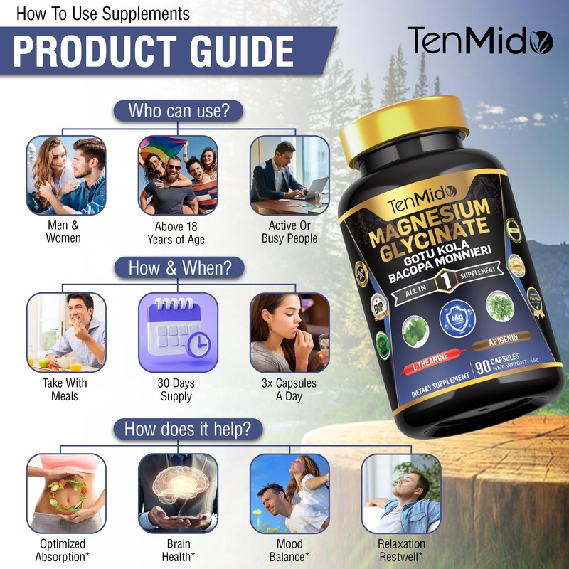 Tenmido Pure Magnesium Glycinate Supplements - 6in1 with Gotu Kola,