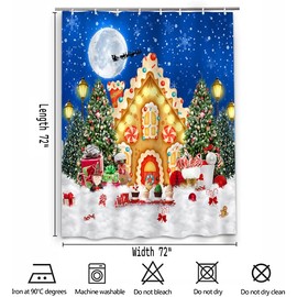 Lofaris Gingerbread House Merry Christmas Shower Curtain for Bathroom Green Pine Tree Snowflakes Gifts Cartoon Candy Happy New Year for Bathtub Bathroom Decor with 12 Hooks 72 x 72 Inches