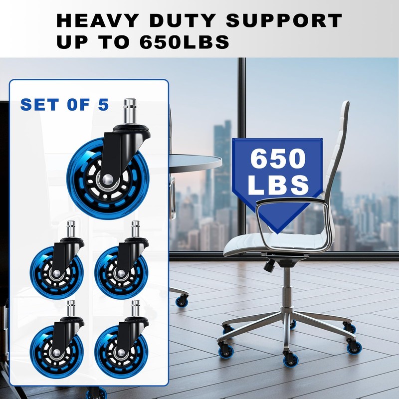 Office Chair Wheels for Replacement, Set of 5, 3" Rubber