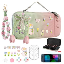 VirgoCCY Cute Travel Carrying Case for Switch 2 2025 with Silicone j-con Covers, Thumb Grip Caps, Screen Protector, Flower Strap, Charms and Embroidery stickers for Girls Women, Pink Green