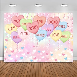 Mocsicka Valentine's Day Backdrop Kisses Hugs XOXO Photography Background Glitter Pastel Colorful Love Heart Balloons Party Decorations Photo Booth Props (7x5ft(82''x60''), Pink)