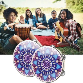 Wooden Tambourine Hand Held Drum Bells 2Pcs, 8 inch Hand Held Tambourine Drum for Church Party with Sheepskin Drumhead, Single Row Jingles Musical Percussion Instrument Educational Drum