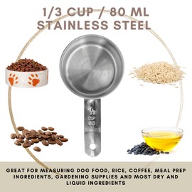 1/3 Cup Stainless Steel Measuring Cup | Sturdy Metal 80 ml | 80 cc | 3 oz | Single Cup for Wet and Dry Ingredients | Great for use as 1/3 Cup Dog Food Scoop - 1 PK