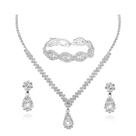 JELIEE - Juego de collar de vidrio para mujer, collar de diamantes de imitación, colgante de lágrima, aretes brillantes, joyería para damas de honor, boda, fiesta, Diamante de imitación, Diamantes de imitación