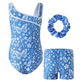 RONGTAI 5-6Y Girls Gymnastics Leotard Unitards Biketards Activewear with Hairband Sparkly Sloping Shoulders Sleeveless Ballet Dance Set with Shorts 3Pcs Sets Blue