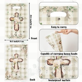 ANGOLIO 50Pcs White Floral God Bless Party Favor Bags Waterproof Baptism First Communion Goodie Bags with Handles Religious Christian Cross Candy Treat Gifts for Kid Easter Birthday Party Baby Shower