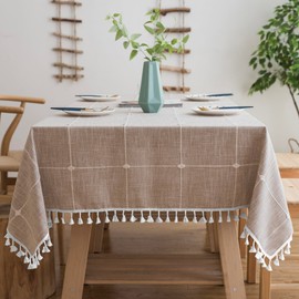 Oubonun Cotton Linen Rectangular Table Cloth, Wrinkle Resistant, Waterproof Tablecloth, Washable Farmhouse Table Cover with Tassels for Kitchen Dining Party, 55''x86'', 6-8 Seats, Light Coffee