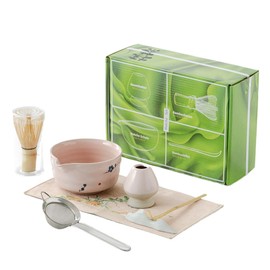 QDDTRAHCCLJZ 6-piece ceramic matcha tea set, including matcha bowl, matcha whisk and stand, sieve, spoon, cloth mat, gift for matcha lovers (pink)
