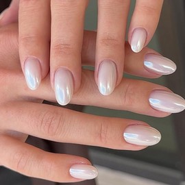 Chrome White False Nails Short, SXVME Chrome Press On Nails Short Oval, Glazed Gel Fake Nails Press on, Cute Glitter Acrylic Nails Short Almond, Natural Stick on Nails for Women Daily Wear