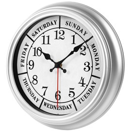 JENLYSTIME 12 Inch Retro Wall Clock,Classic Day of The Week Wall Clock,Silent Non Ticking Battery Operated Movement(Silver)