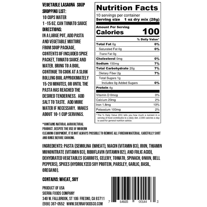 Sierra Soups Vegetable Lasagna Soup, 10 ounce bag (Set of
