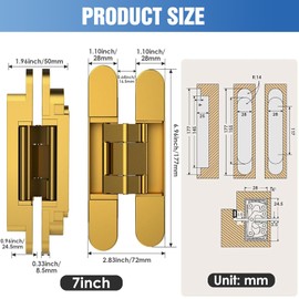 Eegoowa 7" Hidden Door Hinge,Invisible Door,Hidden Door Hinges for Secret Door 3-Way Adjustable Butt 7 x 2.8 x 1 (2PCS) (Golden, 7 inches)