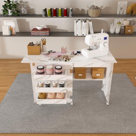 RockRain 4-in-1 Folding Sewing Table: Modern Minimalist Craft Station with Lockable Wheels - White Engineered Wood Multi-Functional Desk for Sewing & Storage - Space-Saving Design for Small Apartments
