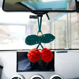 AMIORO Hand Knitted Cherry Pendant Hanging Ornament for Car Rear View Mirror Accessories Gift