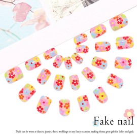 Vatocu Square False Nails Short Rainbow Flowers Press on Nails Summer Fake Nails Acrylic Stick on Nails for Women and Girls (24pcs）