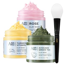 ANAiRUi Turmeric Vitamin C Clay Mask - Rose Facial Mask - Avocado Green Tea Mud Mask, SPA Facial Mask Set for Deeply Cleansing, Hydrating, Nourishing, Reduce Acne and Pores, 70g each/210g in total