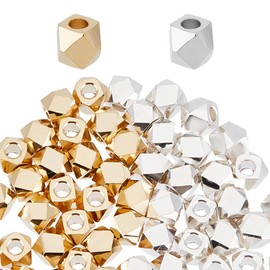 GOMAKERER 60PCS 2 Colors Brass Faceted Ethnic Spacers, Real 24k Gold & 925 Sterling Silver Plated Cornerless Cube Beads Metal Big-Hole Diamond Cut Beads for Jewelry Findings, 2mm Hole