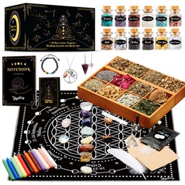 Witchcraft Supplies Kit, 80Pack Witch Starter Kit Wiccan Supplies and Tools Witchy Gifts for Beginners, Spell Candles, Chakra Healing Crystals and Dried Herbs for Zodiac and Lunar Magick