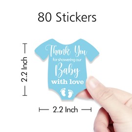 Cute Thank You for Showering Our Baby with Love Blue Baby Onesie Shaped Boy Baby Shower Thank You Stickers Labels for Boy Baby Shower Birthday Party Favor Label Decorations(10 in,80 Labels)