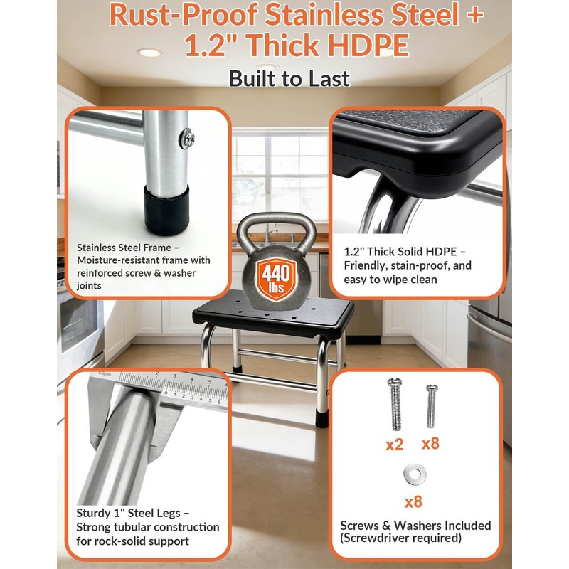 Step Stool, 440 lbs Heavy Duty Stainless Steel, Non-Skid Platform