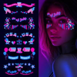 EMOME 4th of July Decorations, 5 Sheets 4th of July Temporary Tattoos Glow in the UV Black Light, Independence Day Neon Face Paint Tattoos Stickers for Women, Glow Party Supplies