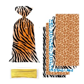 50 Pieces Jungle Animal Treat Bags Wild Giraffe Cheetah Zebra Tiger Print Cellophane Plastic Candy Bags Goodie Favor Bags with Twist Ties for Jungle Safari Zoo Birthday Party Supplies