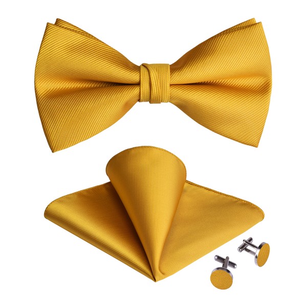 Mens Wedding Yellow Bow Tie Pre-tied Solid Silk Woven Gold