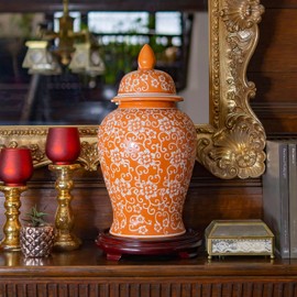 Red Lantern 18" White Flowers on Orange Temple Jar
