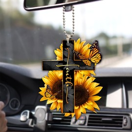 Talataca Faith Sunflower God Jesus Cross Christian Butterfly 2D Flat Car Rear View Mirror Accessories Christmas Tree Ornament Decoration Hanging Charm Interior Rearview Pendant Decor Gift