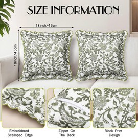 2 Pcs Scalloped Floral Block Print Pillow Cover 18 x 18 Inch Scallop Pillow Cover Grandmillennial Style Indoor Outdoor Scalloped Throw Home Decor(Elegant)
