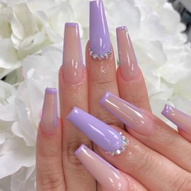 SINLOV 24pcs Coffin Fake Nails Glitter Bling Press on False Nails Crystal Long Ballerina Artificial Finger Nails False Nails Art Tips (A Purple)…