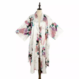 Asian Home Flower Peacock Satin Silk Kimono Robe, Dressing Gown, Bridal, Gift...
