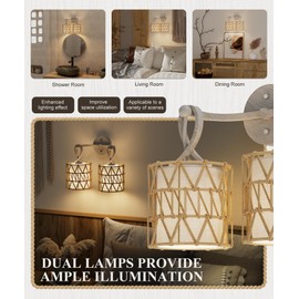HYMELA N12-3 Two-Lights Boho Rattan Wall Sconce - Vanity Lights Fixtures for Mirror, Cross-Woven Shade & Hardwired Wall Lamp with Woodgrain Metal Frame, E26 Bulb Base