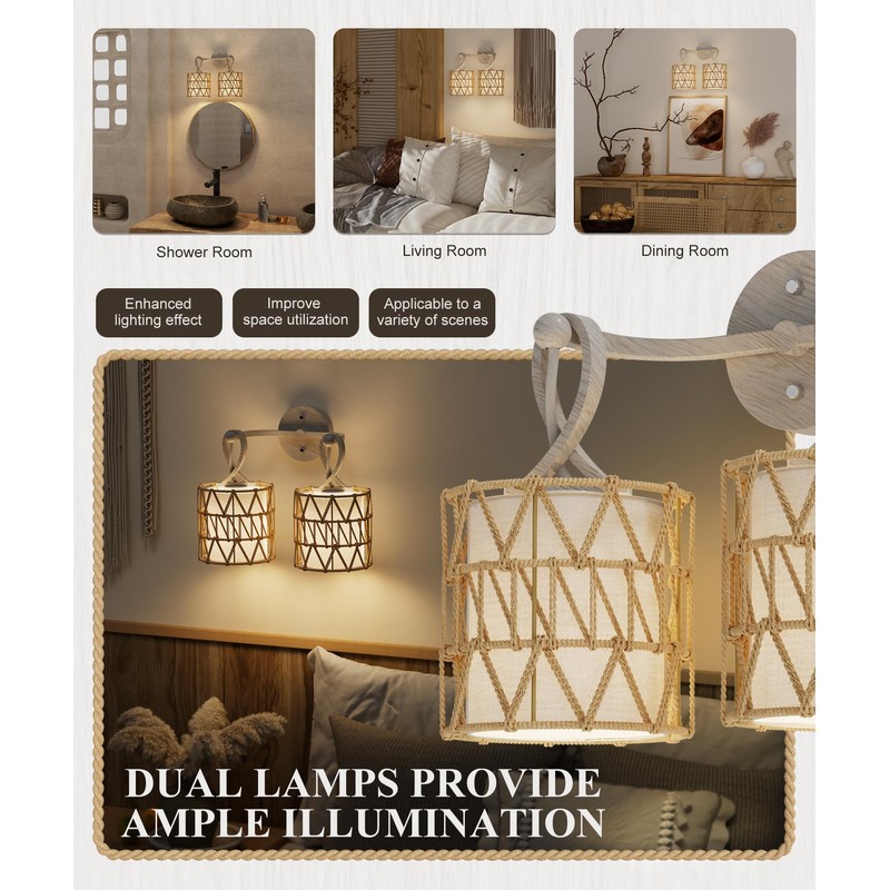 HYMELA N12-3 Two-Lights Boho Rattan Wall Sconce - Vanity Lights