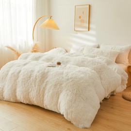 ERLOXO Fluffy Beige Faux Fur Comforter Cover Queen Set - 4Pcs Fuzzy Plush Cream Bedding (1 Duvet Cover, 2 Pillowcases, 1 Velvet Bed Skirt)