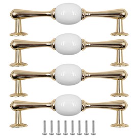 ZONADAH Set of 4 Cabinet Ceramics & Gold Plated Handles, Hole Distance 128mm, White Ceramics Cabinet Pull Handles, Furniture Drawer Cabinet Copper Cup Drawer Handles for Cupboard Wardrobe Dressers