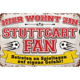 14 x 20 cm tin sign for football fans, here lives a Stuttgart fan – wall sign, door sign, goal sign, funny football saying, fan item