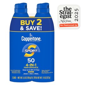 Coppertone Sport Sunscreen Spray SPF 50, Water Resistant Spray Sunscreen Pack, 5.5 Oz, Pack of 2 (Packaging May Vary)