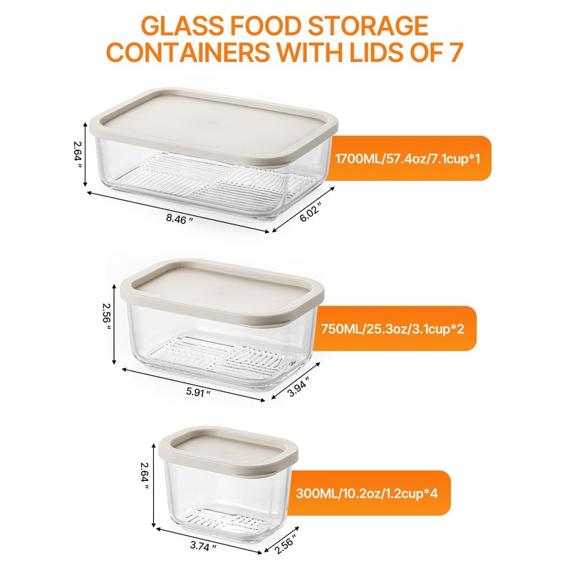 KEMETHY 7 Pack Glass Food Storage Containers with Lids,Stackable BPA