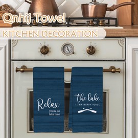 Qnhij Navy Lake Kitchen Towels Set of 2, Lake House Decor, Lake Dish Towels, Lake House Essentials Gifts, on Lake Time Nautical Hand Towels for Bathroom, 16x24 Inch