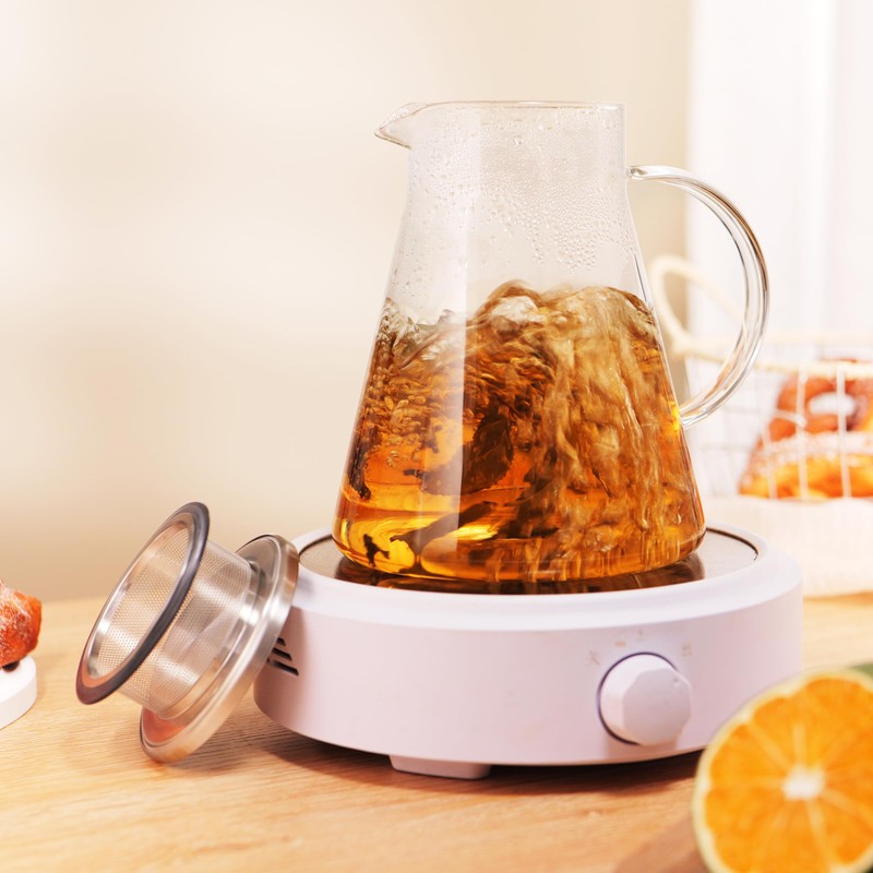 CNGLASS 40oz/1200ml Glass Teapot Stovetop Safe,One-Touch Clear Tea Kettle,Blooming and