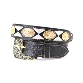 West Star Texas Mens Women Western Cowboy Thick Leather Belt Longhorn Horse Rooster Cowboy Prayer Sheriff Star Emblem 111A Longhorn BK Floral XL