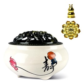 X&Y Life Ceramic Incense Burner, Bowl Burner, Cone Incense Burner with Brass Lid, Lotus Incense Stick Holder, 3pc (White)