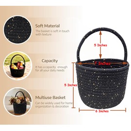 Prudance Small Woven Cotton Basket with Sparkly Gold Sequins, 6"x5",Black